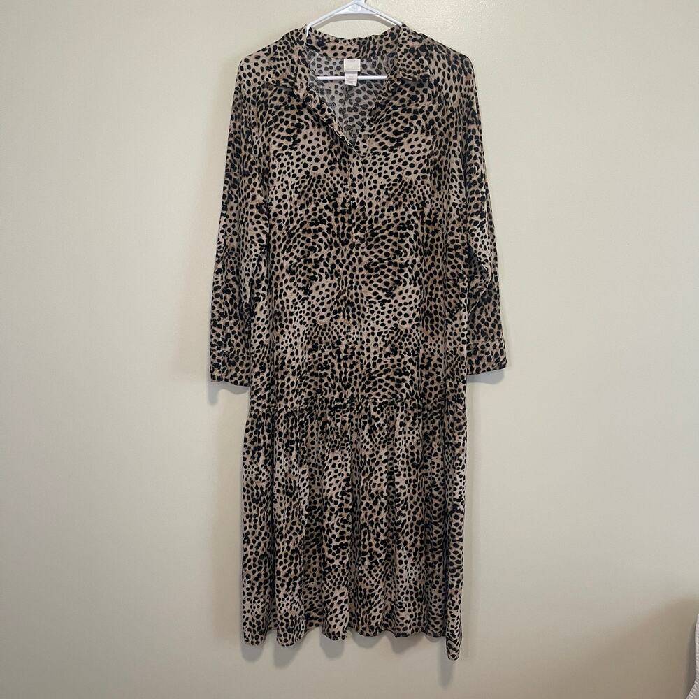 H&M Women's M Cheetah Midi Dress Long Sleeve Button Front Animal Print Flowy